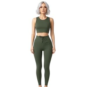 NEW SPLITS 59 Lace up 2 PC Olive Legging Sports Crop Top Set SIZE SMALL
